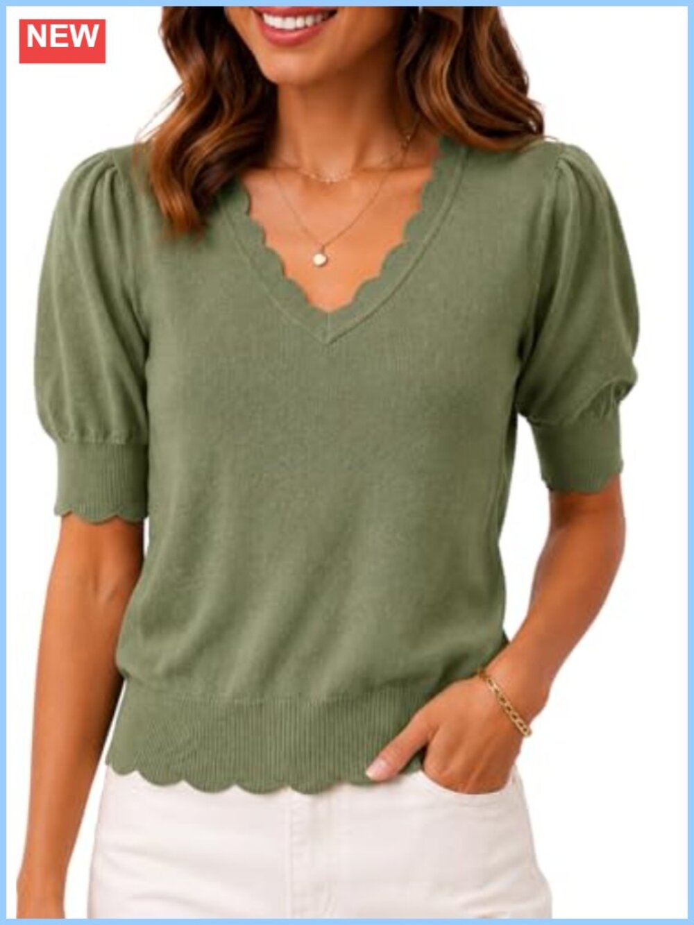 Short Sleeve Sweater for Women V-Neck Puff Sleeve Scalloped Knit Pullover